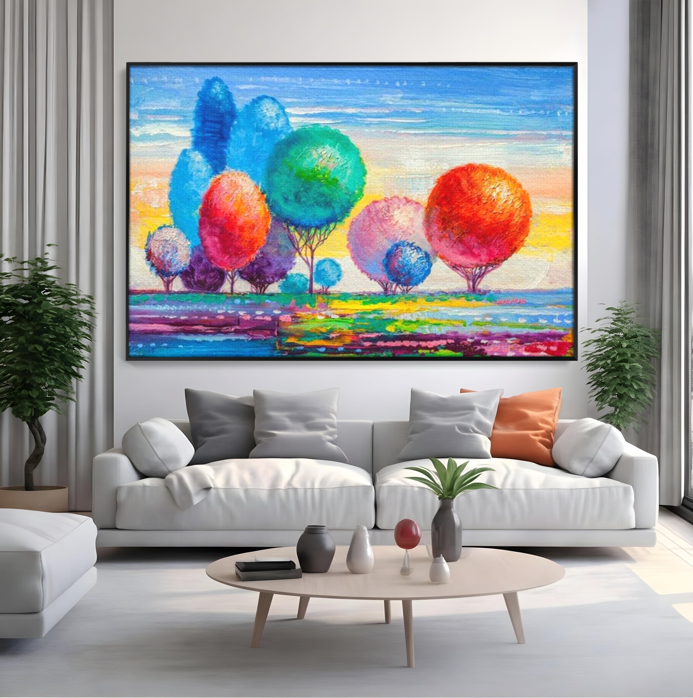 Tablou canvas cu tablou pictura cu copaci cu coroane rotunde sferice, in rama de aluminiu negru, pe perete intr-un living